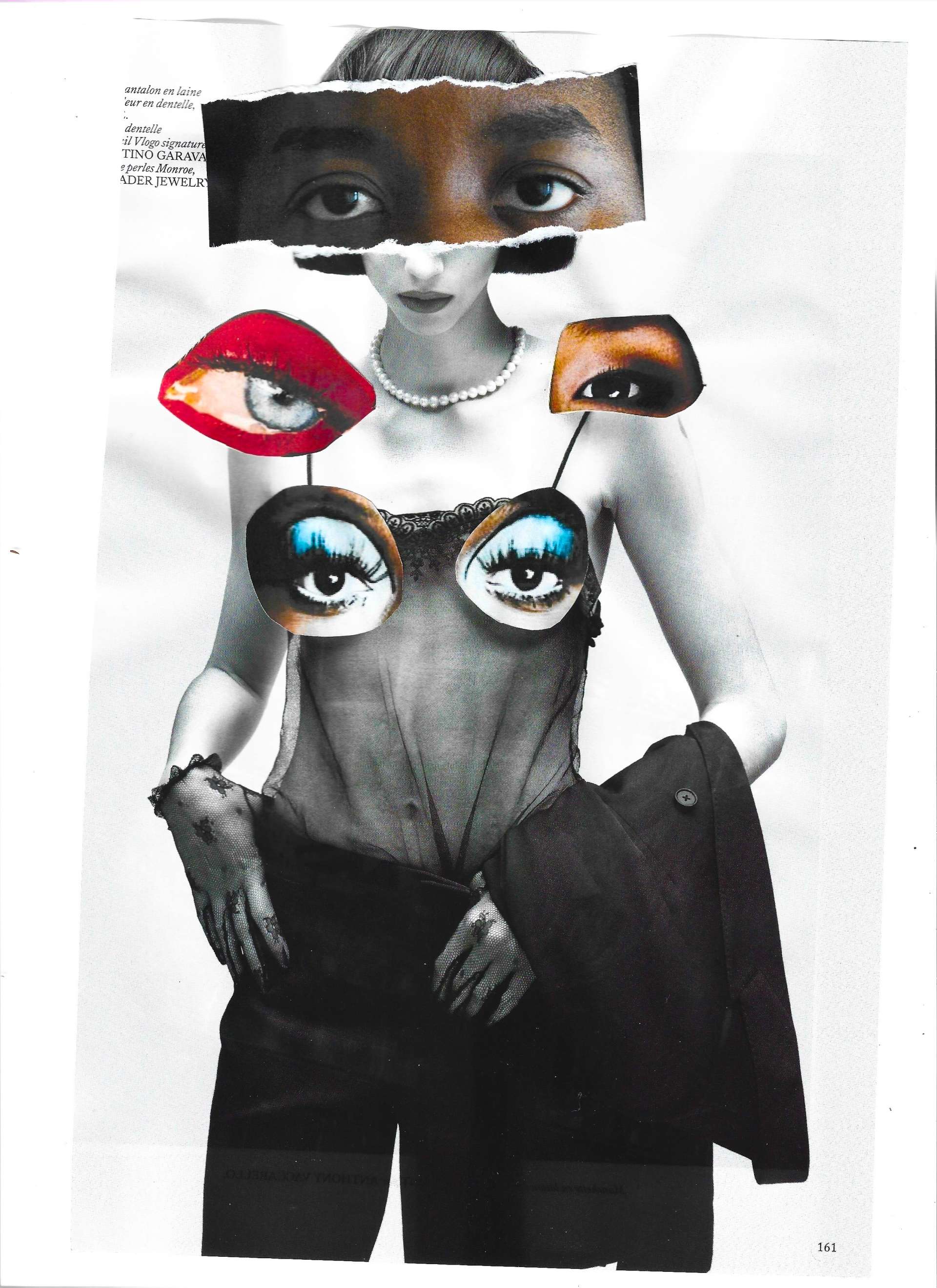 Collage représentant le corp d'une femme avec ajoutés, des yeux, une bouche en couleurs